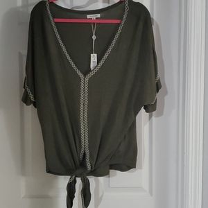 New w tags olive top with front tie and white trim